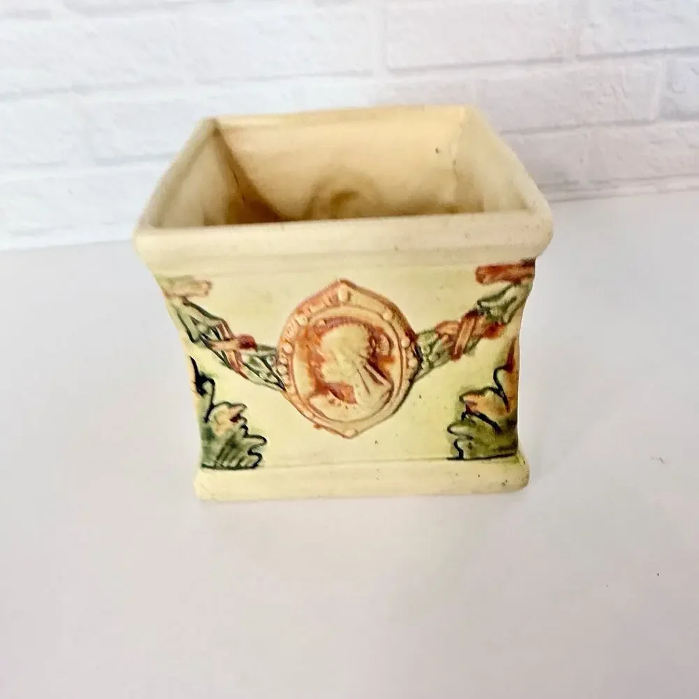 Vintage Weller Pottery Roma Medallion Square Planter Cream Cameo Medallion